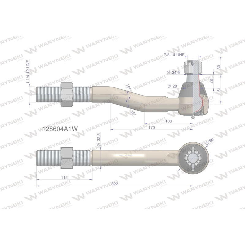 Przegub kierowniczy 322mm- 1 1/4-12 128604A1 WARYŃSKI-347451343