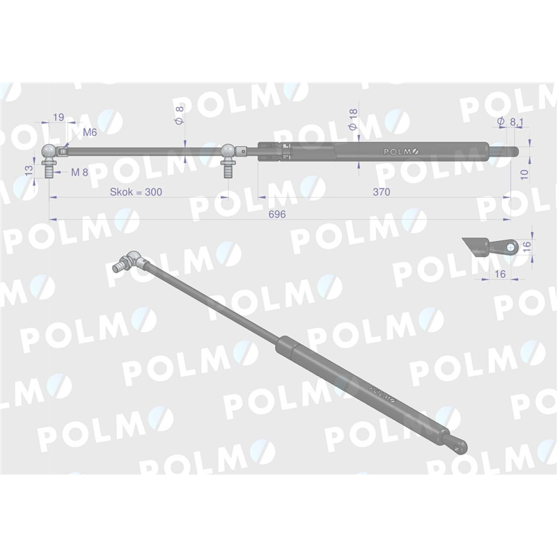 Siłownik szyby przedniej L max. 696mm 222114A0P CASE IH POLMO-347450221