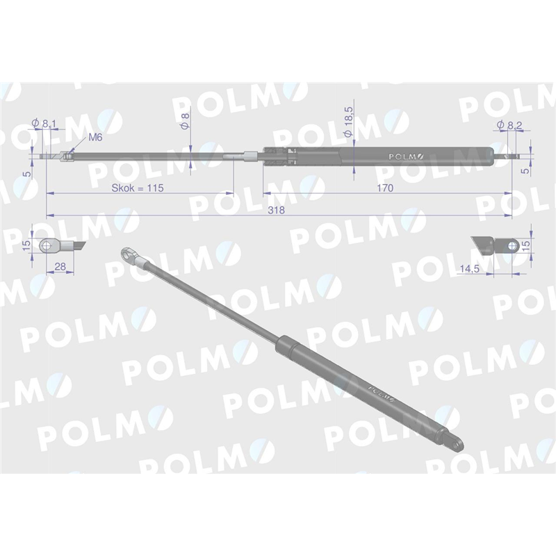 Siłownik drzwi L max. 318mm 3103957M1P MASSEY FERGUSON MAUSER POLMO-347450290