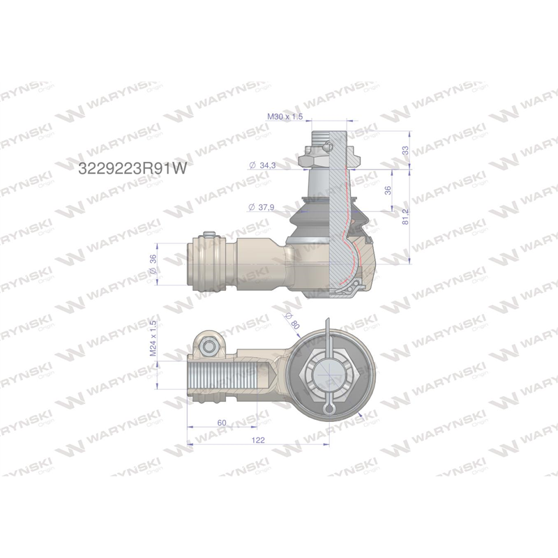 Przegub kierowniczy 122mm - M24x1,5 3229223R91 WARYŃSKI-347884525