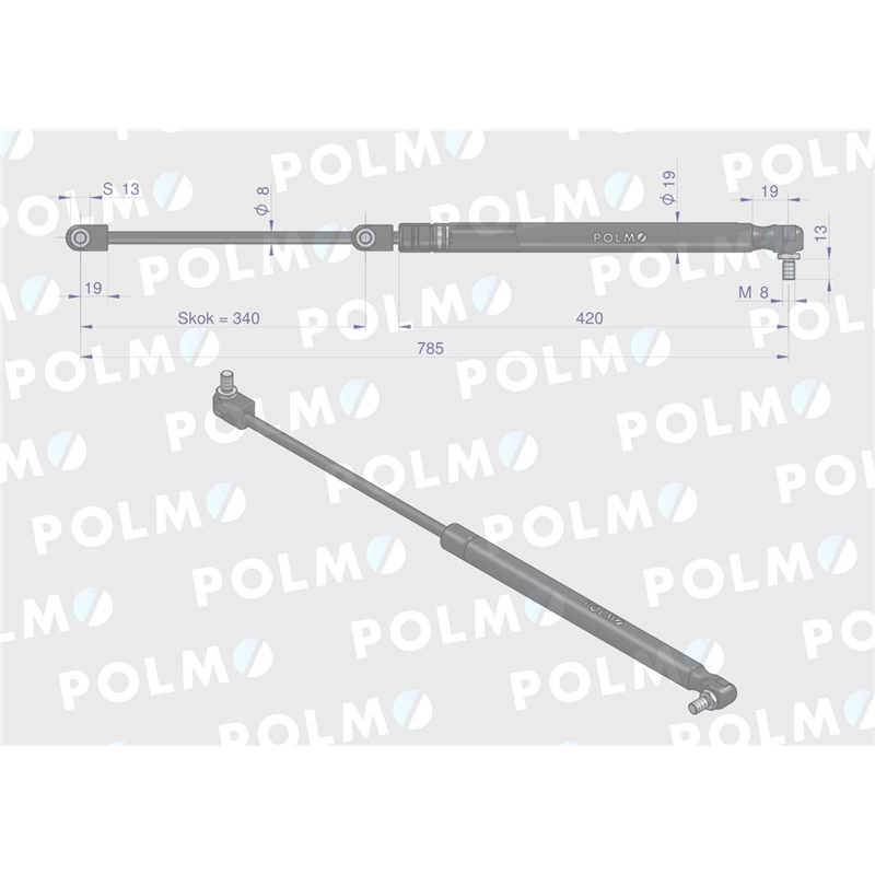 Siłownik tylnej szyby L max. 785mm 3389556M1P MASSEY FERGUSON POLMO-347450245