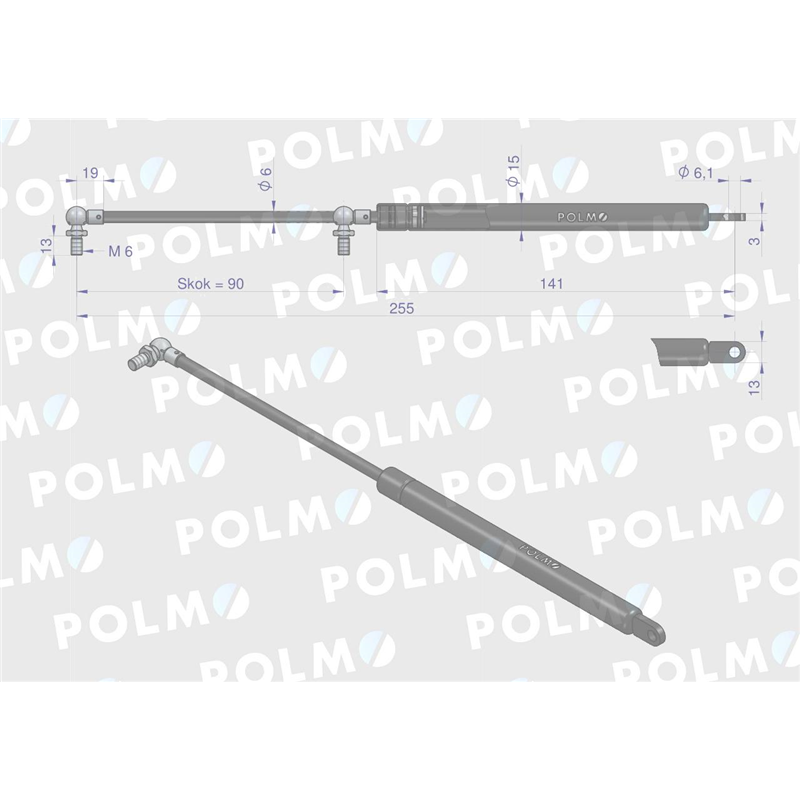 Siłownik szyba tylna, Szyberdach L max. 255mm 4316668P DEUTZ POLMO-347450129