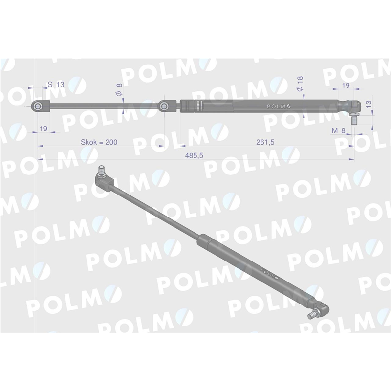 Siłownik szyby tylnej L max. 485,5mm 47108190P NEW HOLLAND STEYR POLMO-347450008