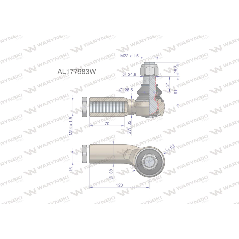 Przegub kierowniczy lewy 120mm - M24x1,5 AL177983 WARYŃSKI-347456223