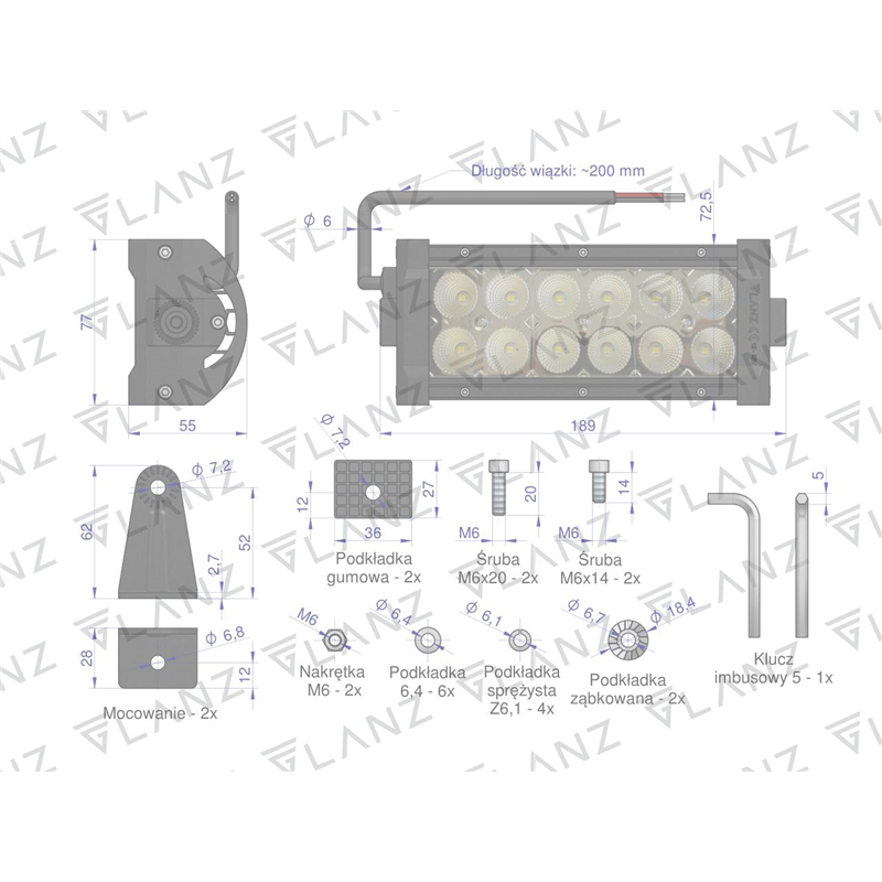 Lampa robocza prostokątna 36W 12 LED GLANZ-347457193