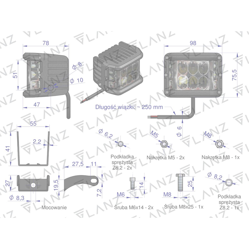 Lampa robocza kwadratowa szerokokątna 48W 12LED GLANZ-347887113