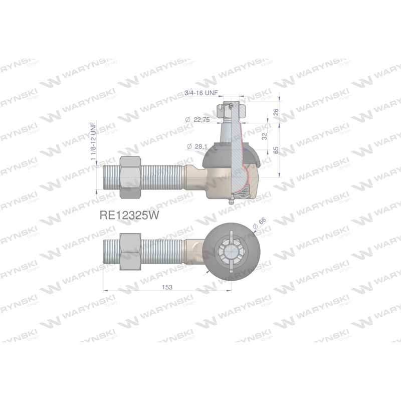 Przegub kierowniczy 153mm- 1 1/8-12 RE12325 WARYŃSKI-347879683