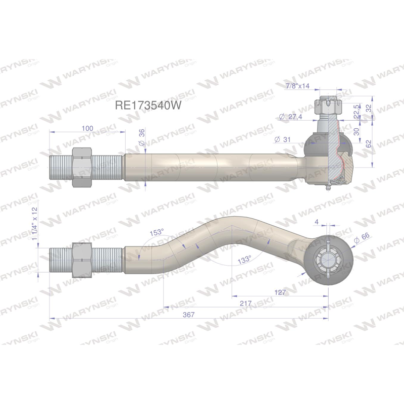 Przegub kierowniczy prawy 367mm - 1 1/4" RE173540 WARYŃSKI-347456007