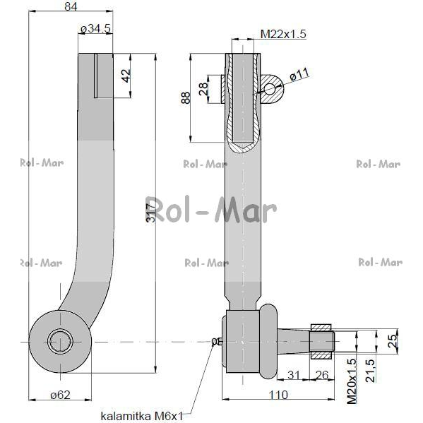 Przegub kierowniczy 285mm - M22x1,5 AL110957 John Deere TAQ-347872620