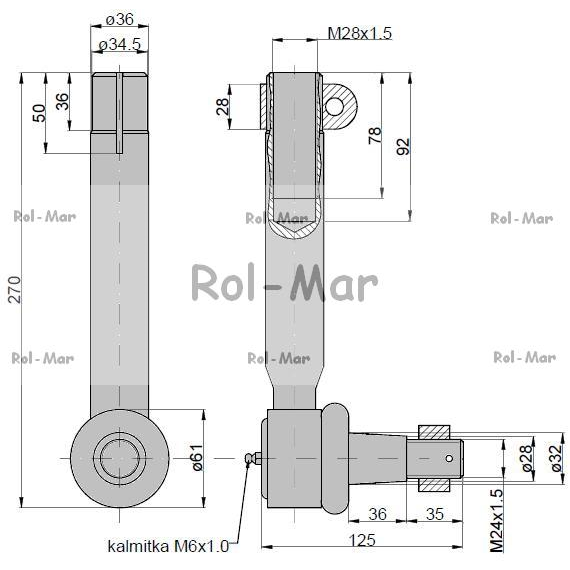 Przegub kierowniczy 225mm - M28x1,5 AL119379 John Deere TAQ-347444543