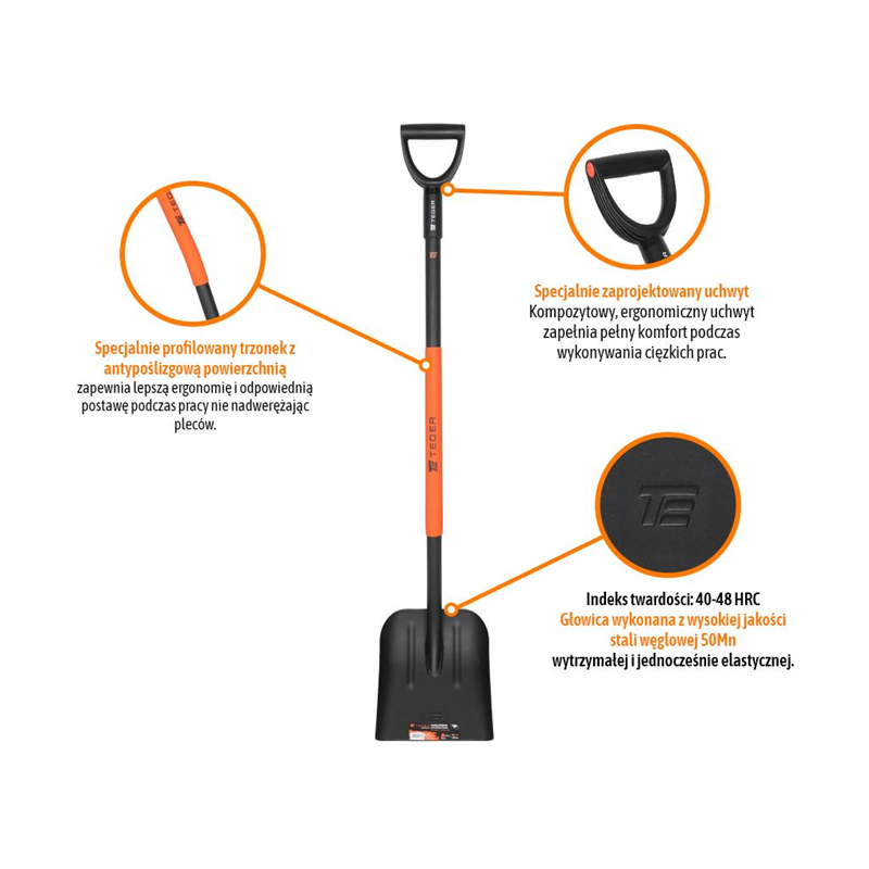Łopata piaskowa na metalowym trzonku  - wzmocniona (240/270/1250mm), TEGER-347893696