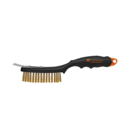 Szczotka druciana do rdzy PROFESSIONAL , drut mosiężny / 4 rzędowa, ze skrobakiem, z plastikową rączką, Teger-347774636