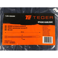 Opaski kablowe, opaska kablowa, opaski zaciskowe, tyrytytki, trytytki, 12.0 x 500mm 100 szt w worku czarne odporne na UV, Teger-