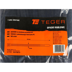 Opaski kablowe, opaska kablowa, opaski zaciskowe, tyrytytki, trytytki, 12.0 x 750mm 100 szt w worku czarne odporne na UV, Teger-