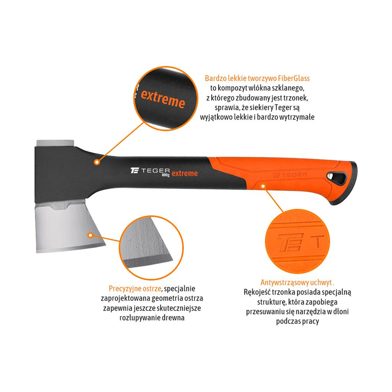 Siekiera uniwersalna z trzonkiem fiberglass 800g Extreme / TEGER-347899213