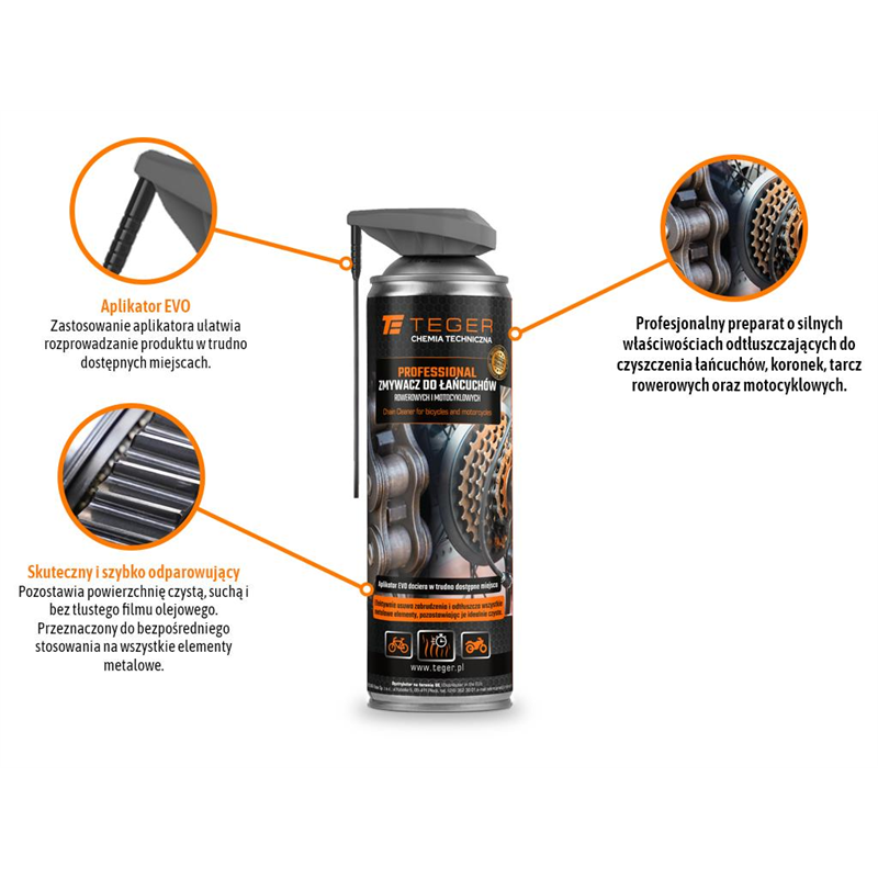 Zmywacz do łańcuchów rowerowych i motocyklowych PROFESSIONAL z aplikatorem EVO, 500ml, Teger-347476711