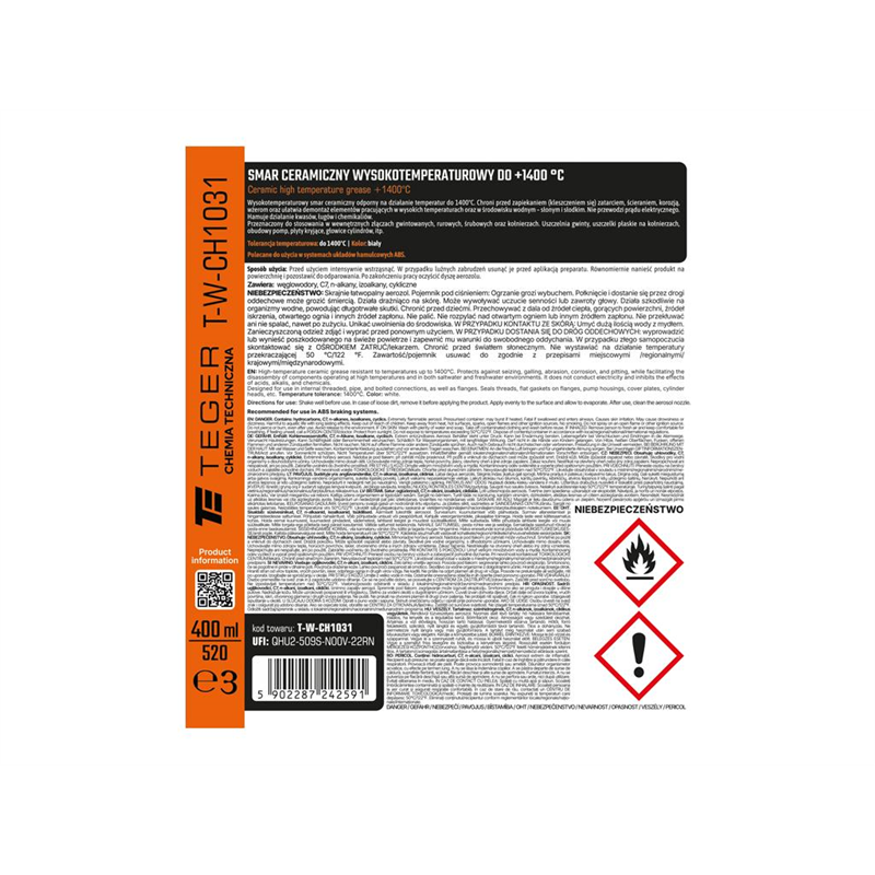 Smar ceramiczny wysokotemperaturowy do 1400°C, 400ml, Teger-347912500