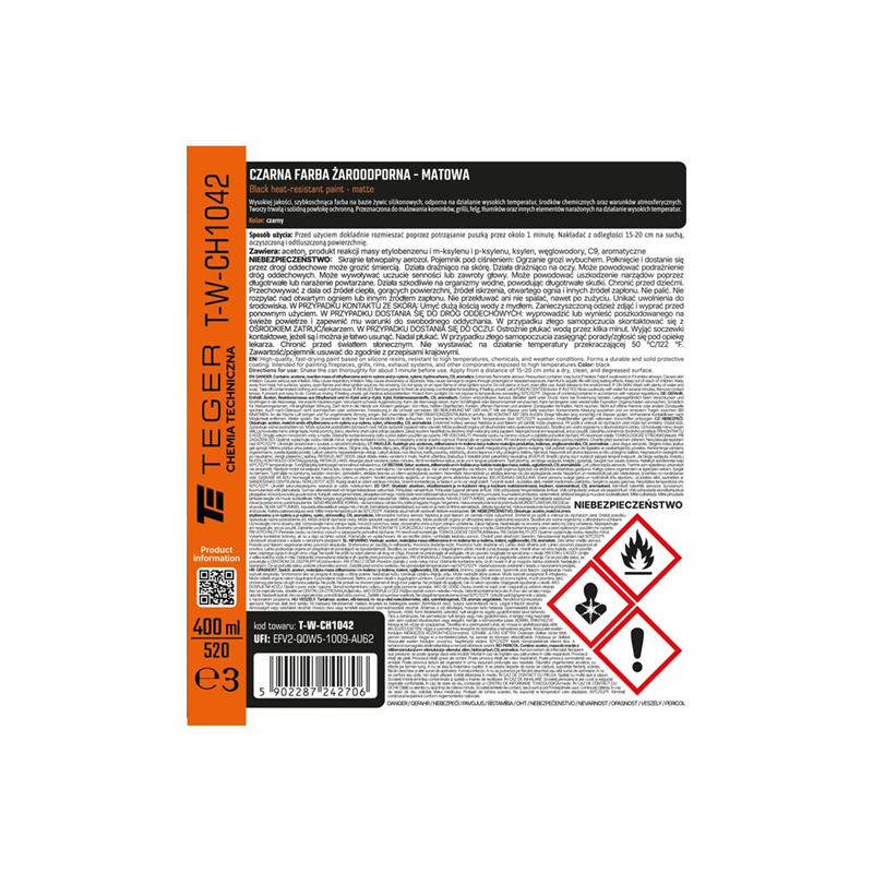Czarna farba żaroodporna - matowa, 400ml, Teger-347912512