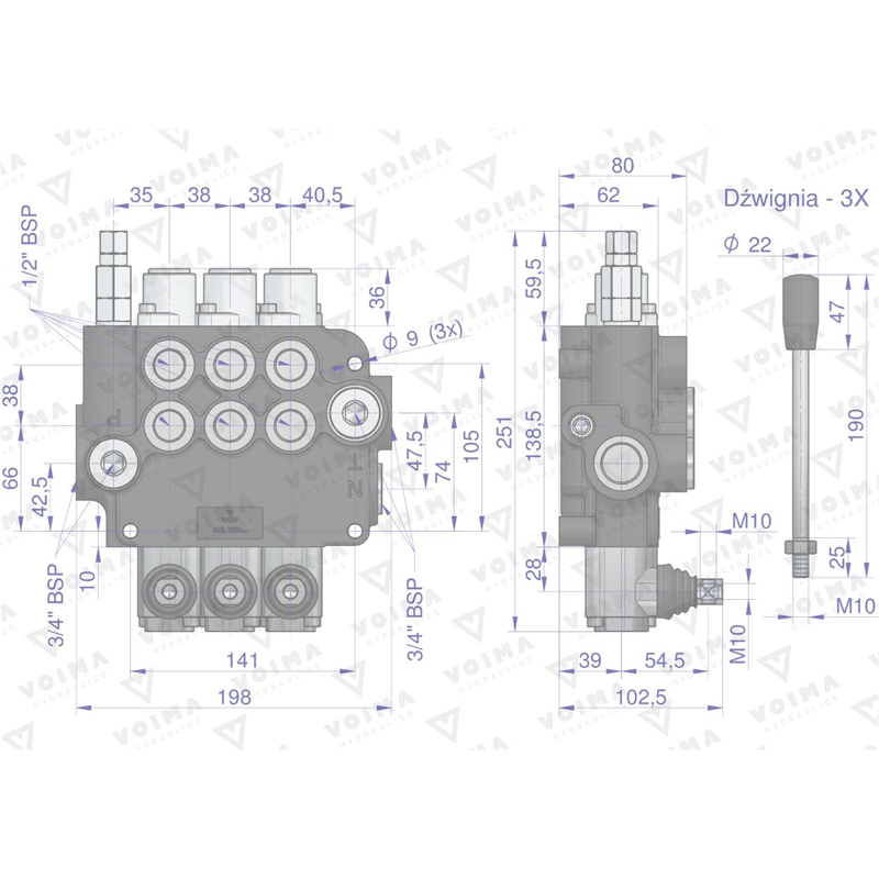 Rozdzielacz hydrauliczny 3-sekcyjny 80L VOIMA-347474238