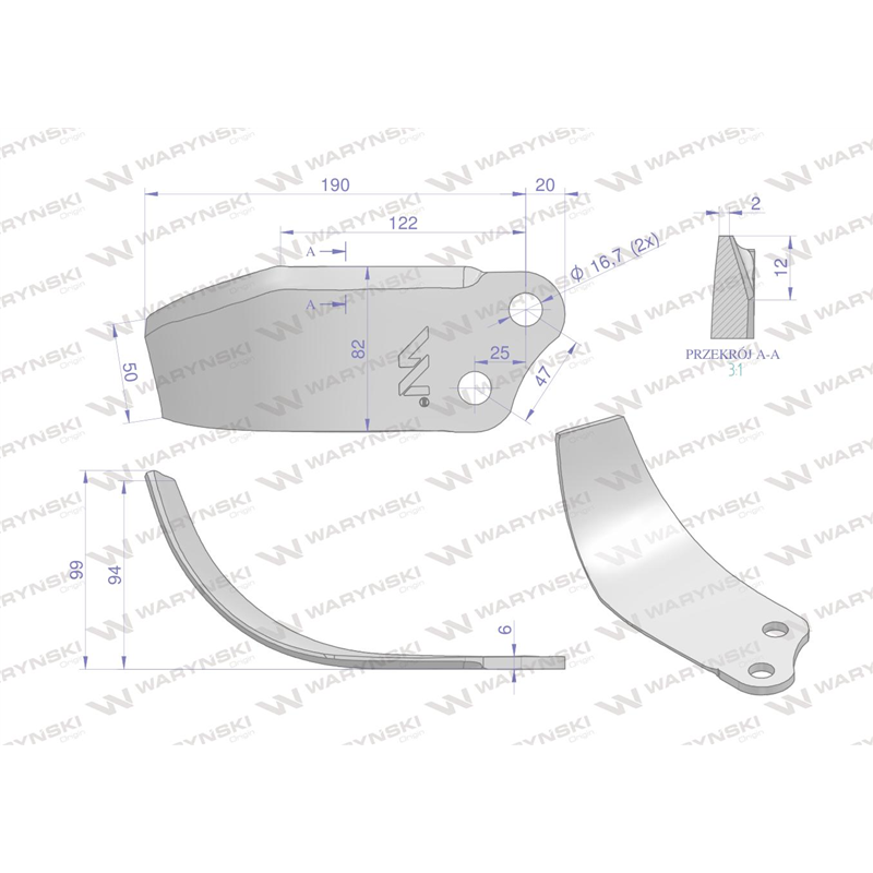 Nóż lewy Glebogryzarka zastosowanie Unia stal borowa Waryński-347890938