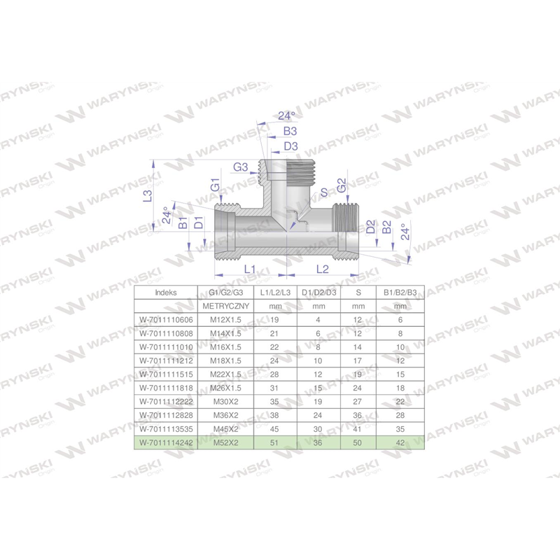 Trójnik hydrauliczny metryczny BBB M52x2 42L (XT) Waryński-347890431