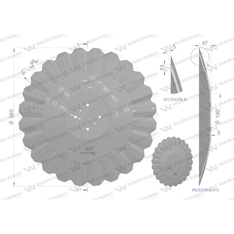 Talerz, tłoczony fi 560 mocowanie 4/98 grubość 5 mm stal borowa, Waryński-347905351