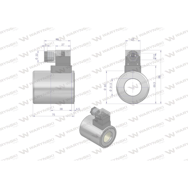 Cewka dzielnika elektrozaworu W-E12DVS6/2-80L. W-E12DVS3/2-80L  12V DC 48W Waryński-347881910
