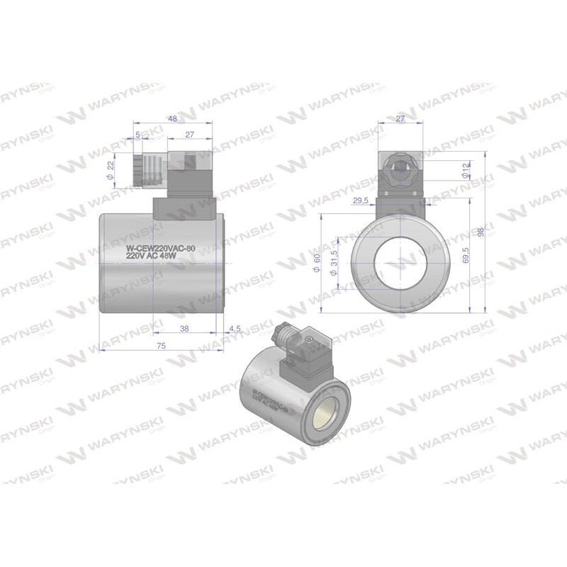 Cewka dzielnika elektrozaworu W-E12DVS6/2-80L. W-E12DVS3/2-80L  220V AC 48W Waryński-347456499