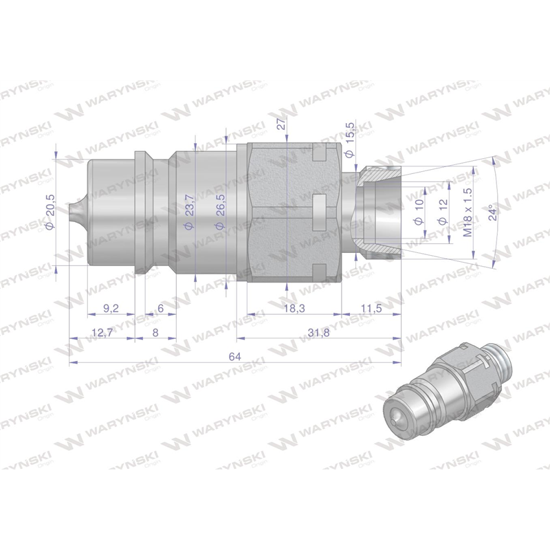 Szybkozłącze hydrauliczne wtyczka M18x1.5 gwint zewnętrzny EURO (9100818W) (ISO 7241-A) Waryński-347875262