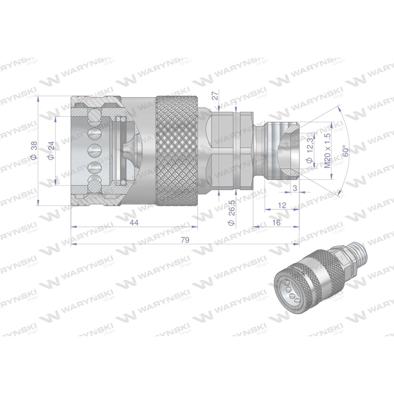 Szybkozłącze hydrauliczne gniazdo M20x1.5 gwint zewnętrzny EURO PUSH-PULL (9100822G) (ISO 7241-A) Waryński-347447574