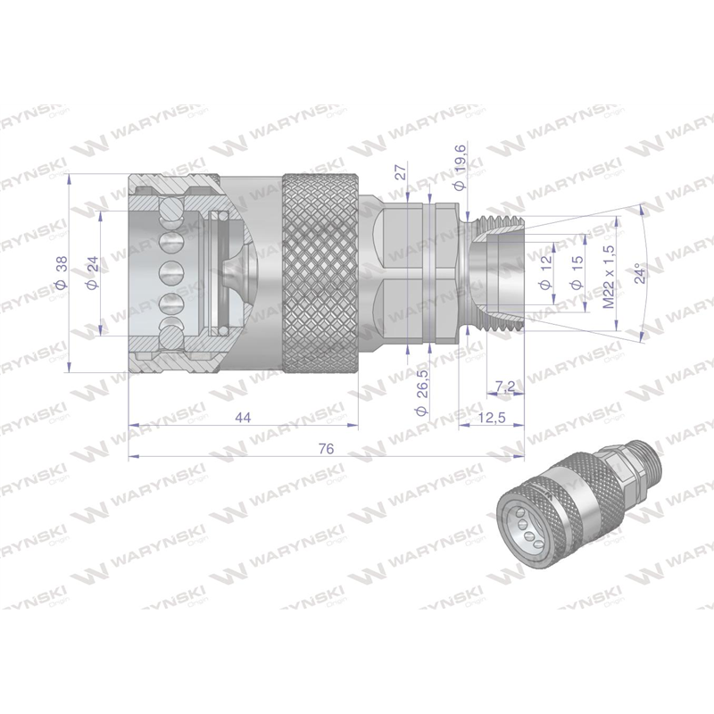Szybkozłącze hydrauliczne gniazdo M22x1.5 gwint zewnętrzny EURO PUSH-PULL (9100822G) (ISO 7241-A) Waryński-347875902