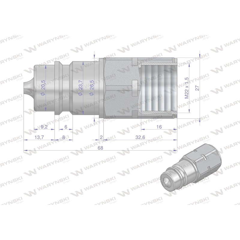 Szybkozłącze hydrauliczne wtyczka M22x1.5 gwint wewnętrzny EURO (ISO 7241-A) Waryński-347449033