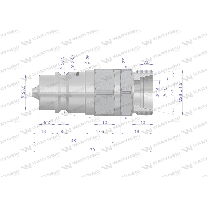 Szybkozłącze hydrauliczne wtyczka  ISO 7241-A EURO XGE18LR-1/2" M26x1.5 Waryński-347886787