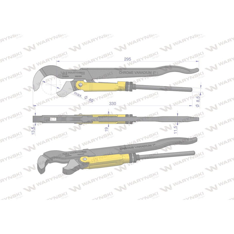 Szczypce nastawne szwedzkie do rur szczęki typ S o rozstawie max 40mm długość 330mm  Waryński-347893177