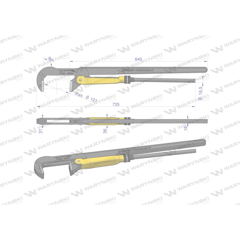 Szczypce nastawne szwedzkie do rur szczęki typ 90° o rozstawie max 121mm długość 735mm Waryński-347893189