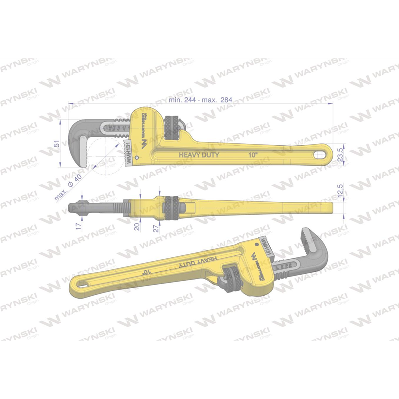 Klucz do rur typ amerykański 10" wzmocniony szczęki CrMo max średnica 40 mm Waryński-347464506