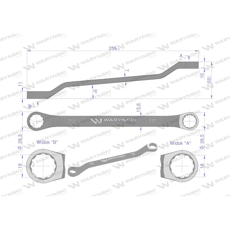 Klucz oczkowy odsadzony 18 x 19 mm. CrV standard ASME B107.9 Waryński-347455612