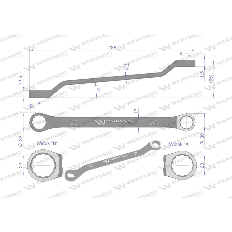 Klucz oczkowy odsadzony 20 x 22 mm. CrV standard ASME B107.9 Waryński-347455616