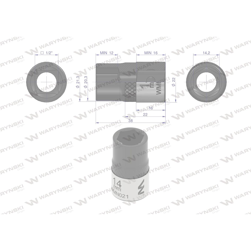 Nasadka sześciokątna 1/2". 14 mm. CrV50BV30. DIN 3124. Waryński-347882494