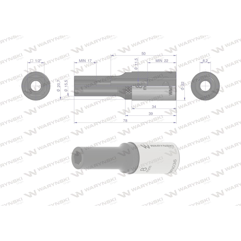 Nasadka sześciokątna 1/2". 8 mm. długa. CrV50BV30. DIN 3124. Waryński-347454242