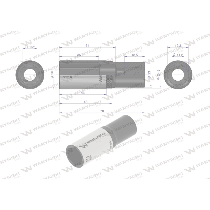 Nasadka sześciokątna 1/2". 19 mm. długa. CrV50BV30. DIN 3124. Waryński-347882646