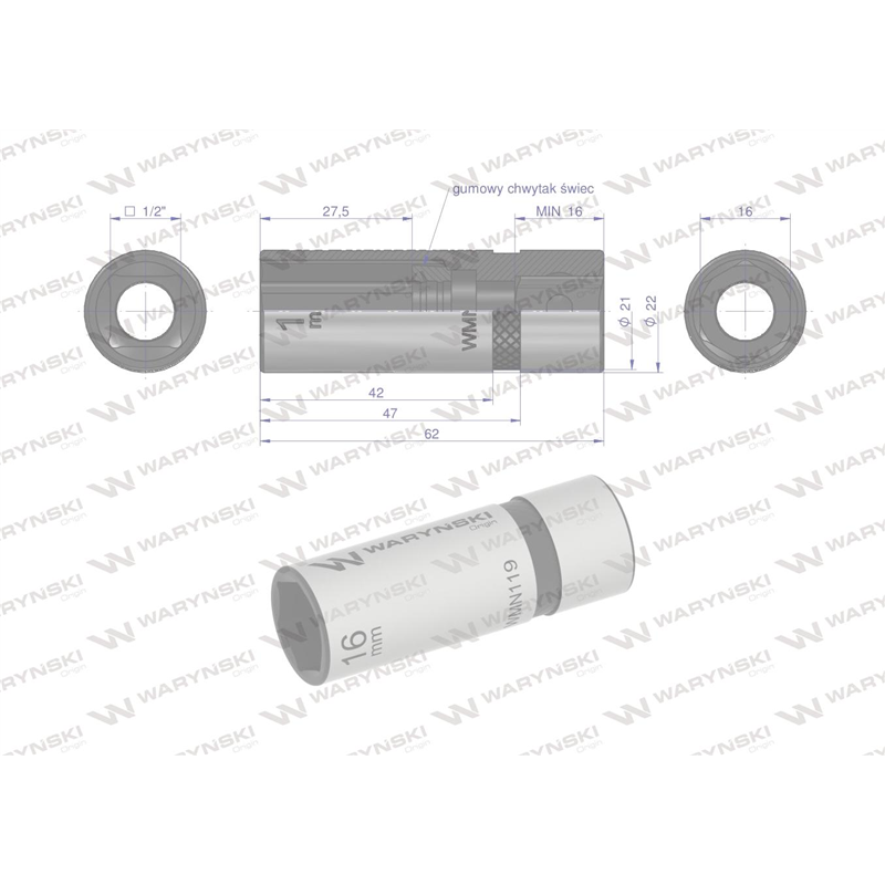 Nasadka do świec 1/2". 16mm, Waryński-347883074
