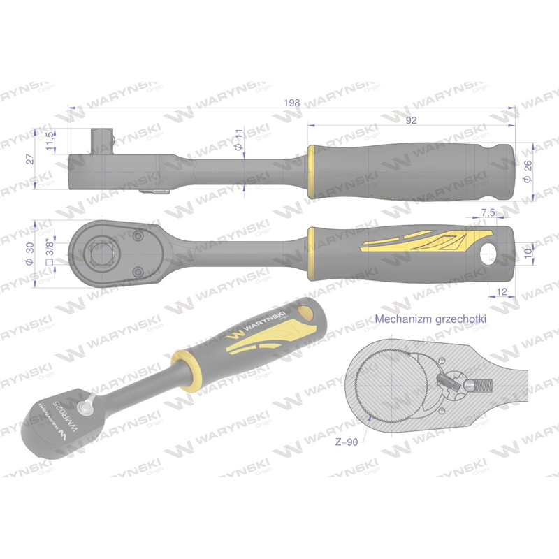 Grzechotka semihermetyczna 3/8". 90 T. Waryński-347903772