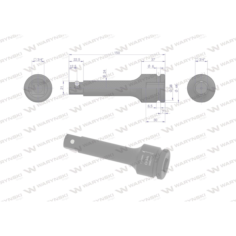 Przedłużka do nasadek udarowych 3/4". 150mm. CrMo. Waryński-347883521