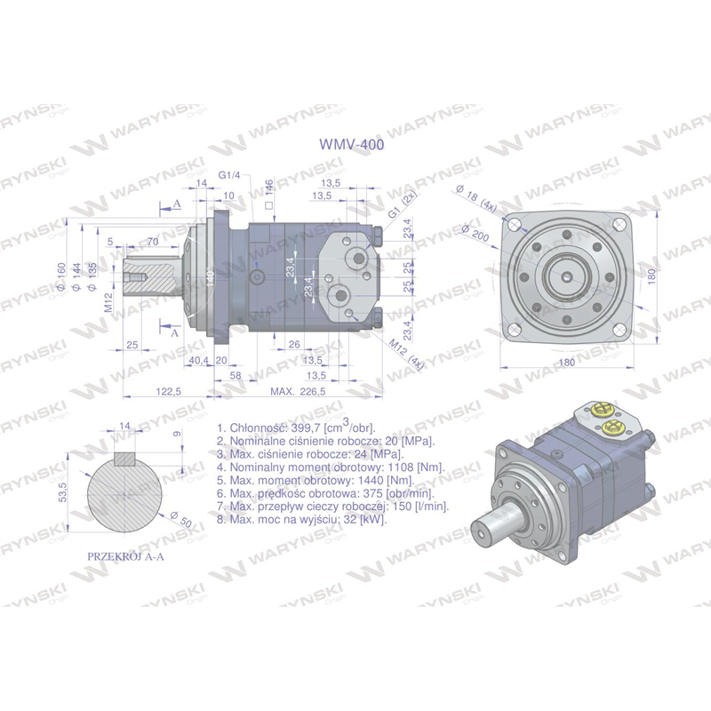 Silnik hydrauliczny orbitalny WMV 400 cm3/obr (200 bar / max.280 bar) Waryński-347463717