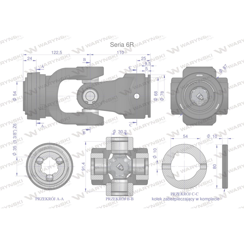 Przegub kompletny z krzyżakiem 30.2X91.4 seria 6 do rury zewnętrznej 54mm Waryński-347898665