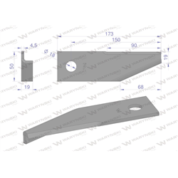 Nóż obrotowy rozdrabniacz słomy sieczkarnia podgięty lewy 173x50x4.5mm otwór 18 zastosowanie 87031976 New Holland WARYŃSKI ( spr