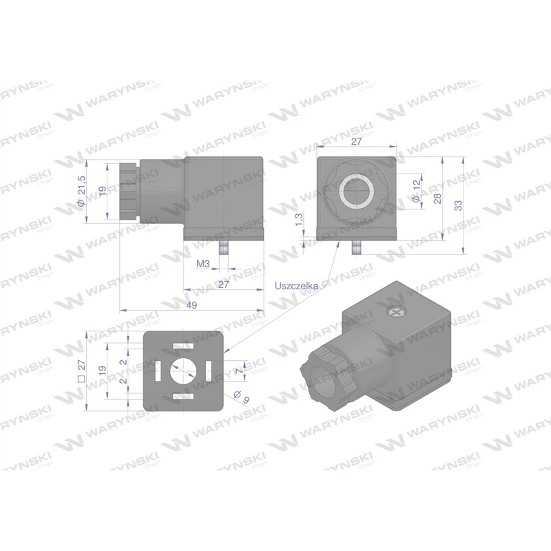 Wtyczka elektryczna (czarna) 12V 24V (SP666) do zasilania cewek elektromagnetycznych z uszczelką Waryński-347465140