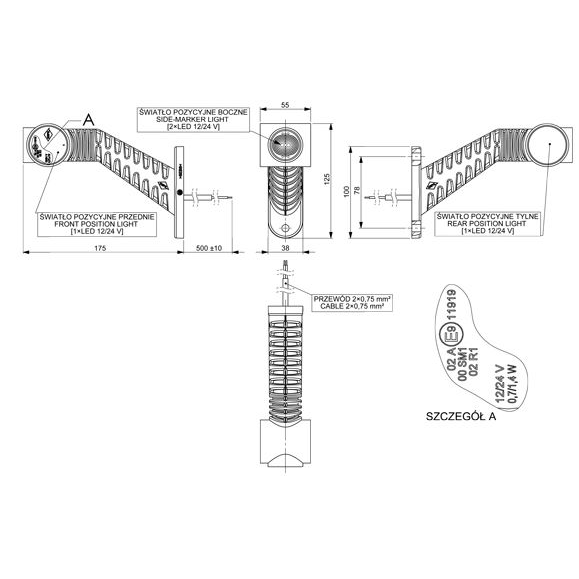 LAMPA OBRYSOWA BIAŁO-CZERW.-POM. DIODOWA NA WYSIĘG. UKOŚNYM, DŁUGA, PRAWA, 12/24V-347595503