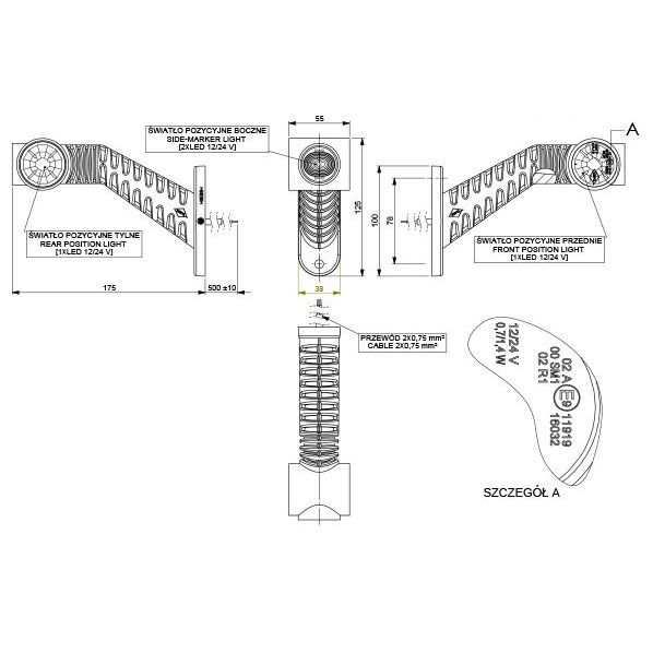 LAMPA OBRYSOWA BIAŁO-CZERW.-POM. DIODOWA NA WYSIĘG. UKOŚNYM, DŁUGA, LEWA, 12/24V-347595539